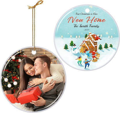 Personalized First Christmas in Our New Home Hanging Ornament 2025, Ceramic Custom Photo Ornament Xmas Tree Decorations Housewarming Gift for Family Couples Wedding