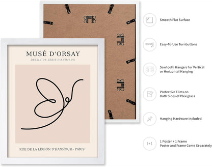 Poster Master Vintage Poster - Retro One Line Butterfly Drawing Print - Butterfly Line Art - Minimal Gift for Him, Her, Animal Lover - Abstract Decor for Home, Office, 8x10 White Framed