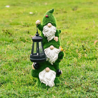 Solar Garden Three Gnome Statue Stacked Flocked with LED Light, Outdoor Waterproof Lawn Ornament Decor for Patio Lawn Yard Pathway Gift Idea for Women Mom Mothers Day