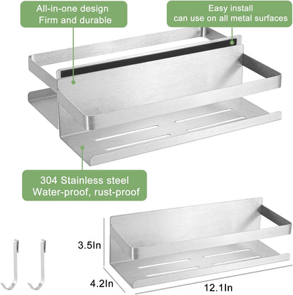 Magnetic Spice Rack for Refrigerator Spice Organizer, Strong Magnetic Shelf with 2 Removable Hooks Space Saver for Refrigerator and Microwave Oven, Metal Fridge Shelf(1 pack Silver)