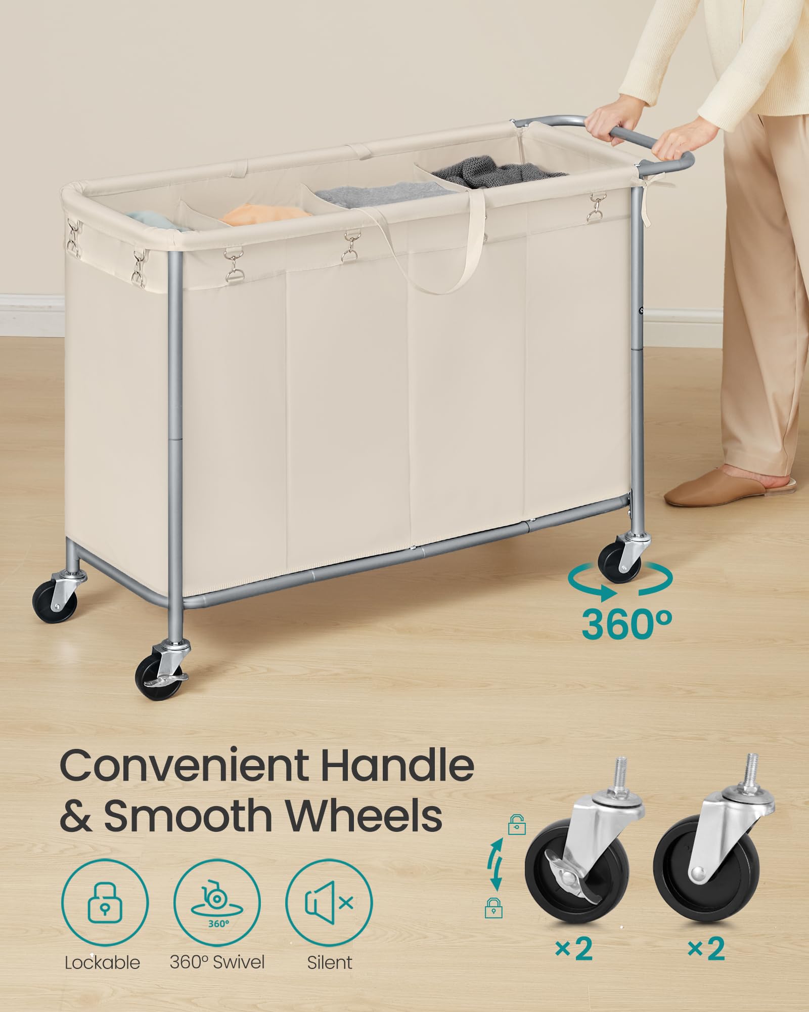 SONGMICS Laundry Basket with Wheels, 4-Section Rolling Laundry Hamper, 68.6 Gallons (260 L)