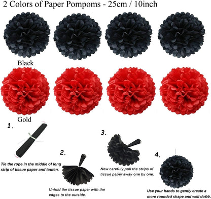 ZERODECO Party Decoration, 21 Pcs Black and Red Hanging Paper Fans Pom Poms Flowers, Garlands String Polka Dot and Triangle Bunting Flags for Minnie Mouse Birthday Parties Baby Showers Wedding