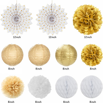 White Champagne Gold Birthday Party-Decorations - 21pcs Happy Birthday Banner,Paper Lanterns,Tissue Pom Poms Flower Fan,Honeycomb Ball,Swirl Streamers Garland Supplies Women Men Decor Huglony