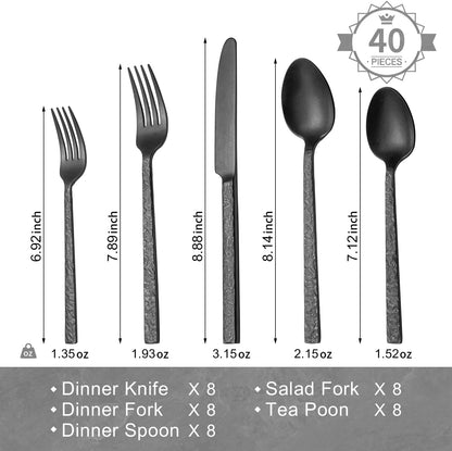 KINGSTONE 40 Pcs Black Hammered Silverware Set for 8, 18/10 Stainless Steel Heavy Duty Flatware Set, Tableware Cutlery Utensil Sets for Home Restaurant Dishwasher Safe