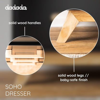 dadada Soho 5-Drawer Dresser for Nursery and Bedroom - Modern Design, Large Storage, Baby-Safe Finish, Soft Close Drawers, Anti-Tip Safety, Sturdy Legs & Solid Wood Handles, 47” Wide (Black+Natural)