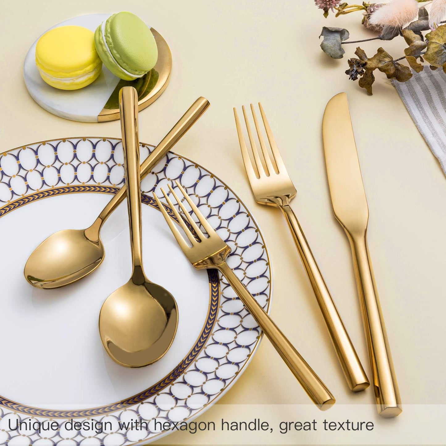 Gold Silverware Set Flatware Set Stainless Steel Cutlery Set 40 Pieces Hexagon Handle Home Kitchen Daily Use Service for 8