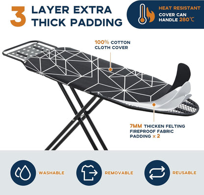 Ironing Board 43x13, Compact Iron Board Full Size with Heavy Duty Iron Rest, Thick Padded Cover, Adjustable Height, Sturdy Lightweight Steel Legs, Black