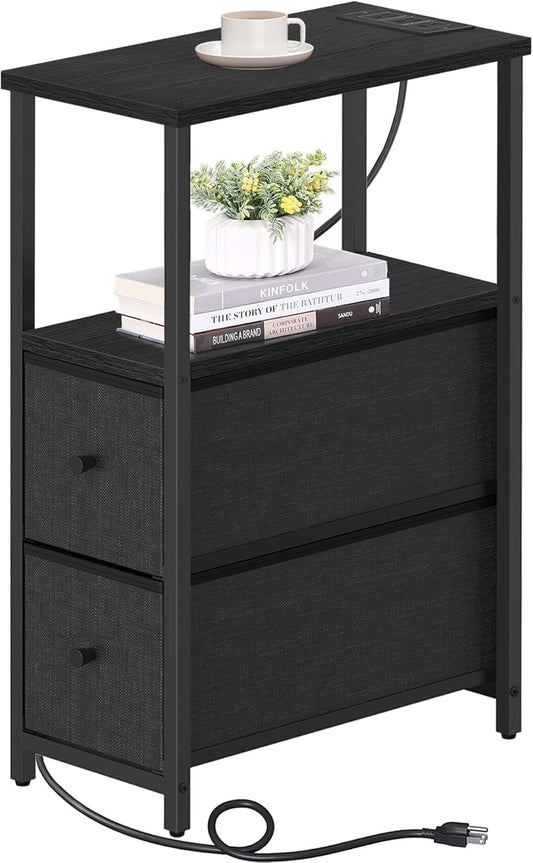 TUTOTAK Small Narrow End Table with Charging Station, Side Table with Outlets, Nightstand with 2