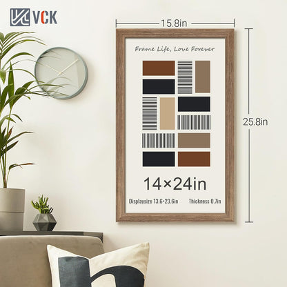 VCK 14x24 Frame Set of 3 - Brown Walnut, Natural Textured Solid Wood Picture Poster Frame, Wall Gallery Frame
