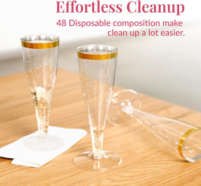 Prestee 48 Disposable Plastic Champagne Flutes with Gold Rim Glitter - Clear Toasting Glasses for Mimosa, New Year’s Eve Party, and Elegant Celebrations - Premium Quality Disposable Stemware