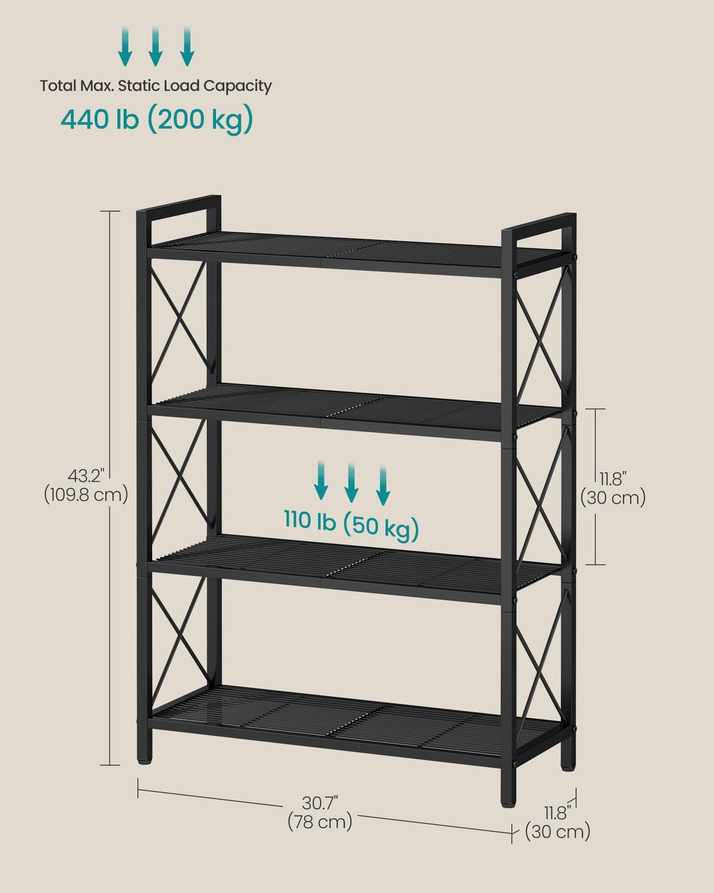 SONGMICS 4-Tier Metal Storage Rack, Shelving Unit with X Side Frames