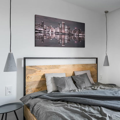 Conipit Chicago Wall Art Chicago Skyline Artwork City Night Downtown Picture Cityscape Painting Framed for Bedroom Home Office Decor 24"x48"