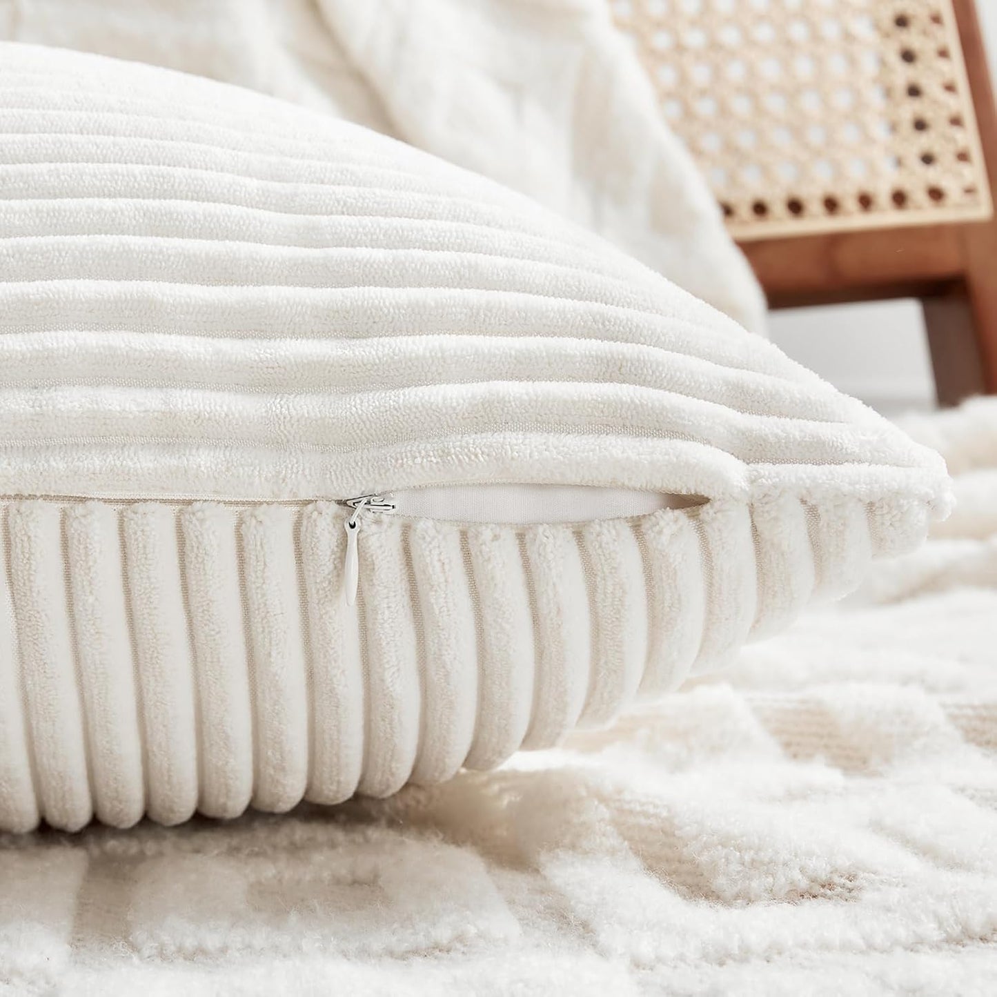 Fancy Homi 2 Packs Cream White Decorative Throw Pillow Covers 22x22 Inch for Living Room Couch Bed, Rustic Farmhouse Boho Home Decor, Soft Corss Corduroy Patchwork Accent Square Cushion Case 55x55 cm