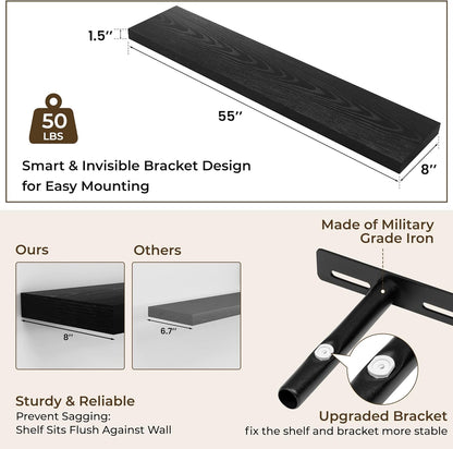 RICHFOCUS 55Inch Floating Shelves for Wall 2 Pack Shelves for Bedroom|Kitchen|Bathroom Wall Mounted Rustic Wood Floating Shelf with Invisible Brackets for Books|Storage|Decor, Black