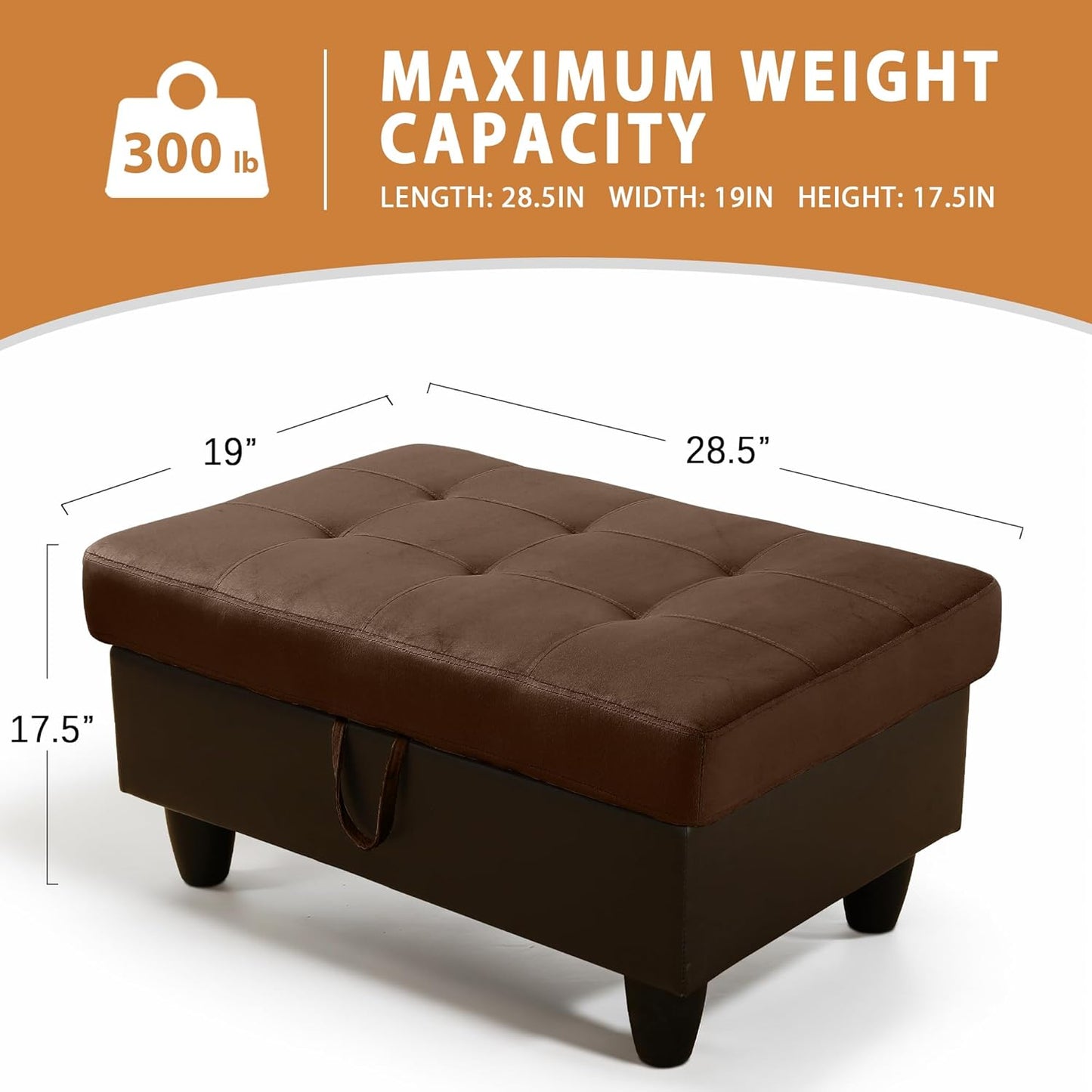 Ottoman Rectangular Storage Ottoman Bench, Flannel Footrest Stool Footstool with Lid for Living Room, Bedroom, Entryway, Brown&Black, 35"x23.5"x17.5"