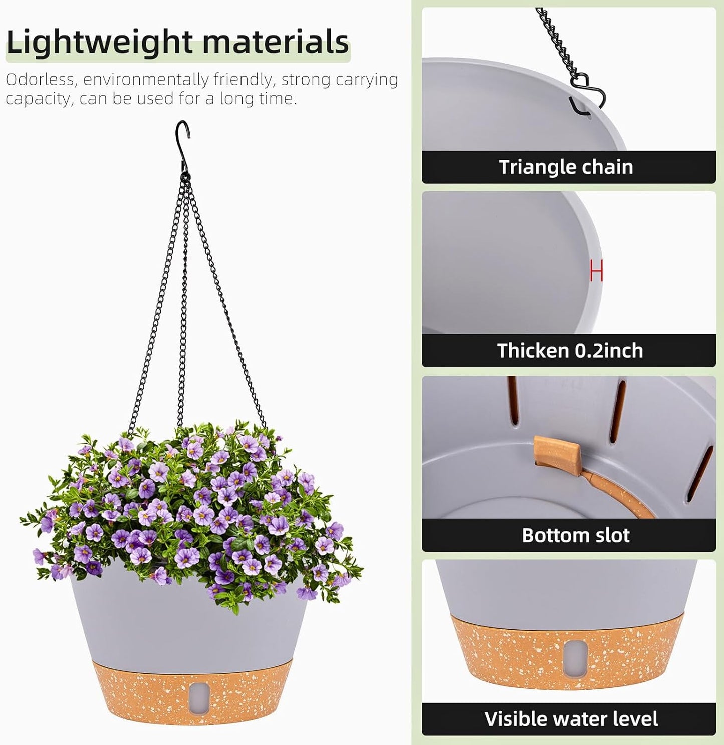 QCQHDU 2 Pack Hanging Planters for Indoor Outdoor Plants, 10 Inch Hanging Baskets Flower Pots with Reservoir Tray & Visible Water-Level