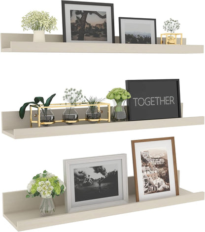 Giftgarden 24 Inch Floating Shelves for Wall, Creamy White Beige Wood-Grain Wooden Shelf Ledge for Bathroom Kitchen Living Room Nursery Bedroom Picture, Set of 3 Different Sizes