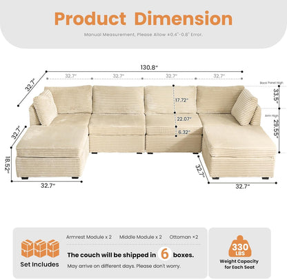 HOOOWOOO Modular Sectional Sofa,6 Pieces Sectional Couches for Living Room,131X66 L Shaped Cloud Couch with Ottoman Chaise Set(Beige Velvet Corduroy)