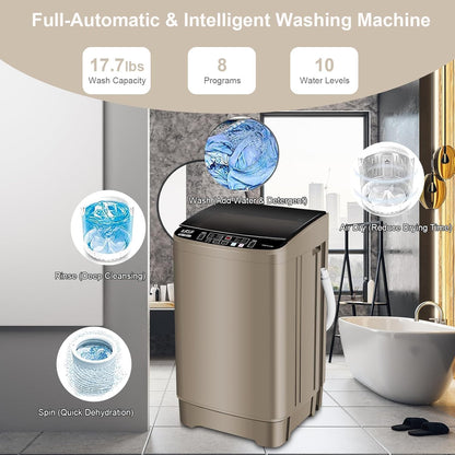 17.7 lbs Full Automatic Washing Machine with LED Display Compact Washing Machine with Drain Dump, 10 Wash Programs and 8 Water Levels Ideal for Dorms, Apartments, RV, Gold, KB03 GOLD6-3