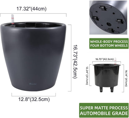Dexceder 18x17 Self Watering Planter with Wheels Indoor Outdoor, Inner Pot Design, Thickened Large Floor Standing Flower Plant Pot with Water Level Indicator (Slate Gray Matte)