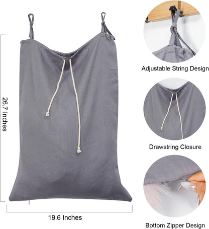 Linen Hanging Laundry Bag, Over The Door Laundry Hamper for Dirty Clothes, Drawstring Closure with Bottom Zipper, Gray