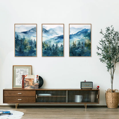 Celestdeco Blue Ridge Mountains Forest Framed Canvas Wall Art Set, Natural Landscape Wall Decor, Green Pine Trees Wall Painting, Woodland Artworks for Living Room, Bedroom, Dining Room - 16"x24"x3