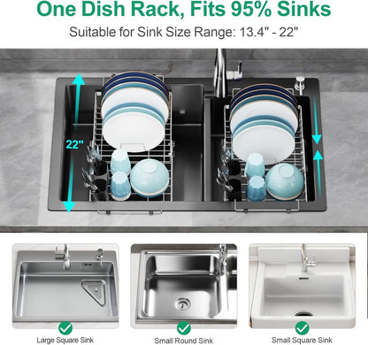 GSlife Expandable Sink Dish Drying Rack - Stainless Steel Capacity Adjustable Over The Sink Dish Rack (13.4''-20.4'') with Sink Mat and Utensil Holder, Silver