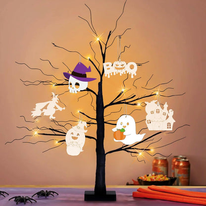 24 PCS Unfinished Wooden Halloween Crafts, Pumpkin Ghost Shaped Hanging Ornaments DIY Wood Craft Cutouts for Home Party Decor (Halloween)