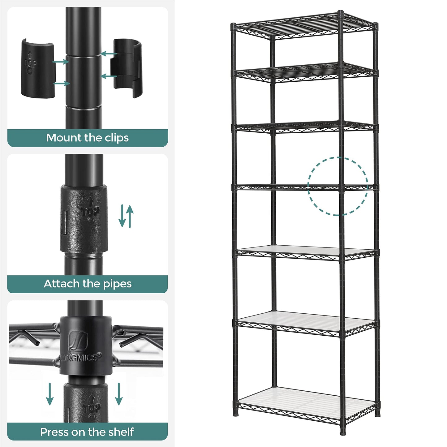 SONGMICS 7-Tier Storage Shelves, Wire Shelving Unit, Kitchen Metal Shelves, Storage Rack with