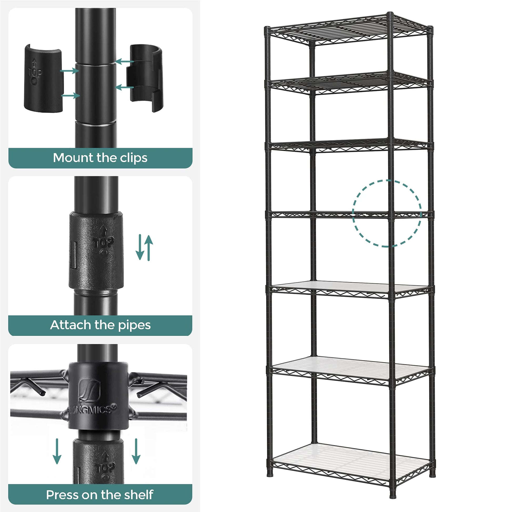 SONGMICS 7-Tier Storage Shelves, Wire Shelving Unit, Kitchen Metal Shelves, Storage Rack with