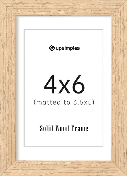 upsimples 4x6 Picture Frame, Natural Solid Wooden Picture Frames, Display 3.5x5 with Mat or 4 x 6 Without Mat, Wall or Tabletop, 1 Pack, Natural
