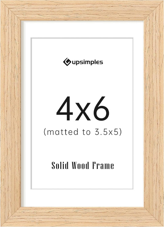 upsimples 4x6 Picture Frame, Natural Solid Wooden Picture Frames, Display 3.5x5 with Mat or 4 x 6 Without Mat, Wall or Tabletop, 1 Pack, Natural