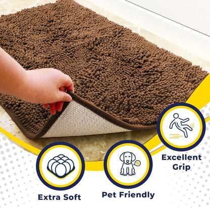 Muddy Mat® 4-Piece Brown Medium 30"X19" AS-SEEN-ON-TV Highly Absorbent Microfiber Door Mat, Bath Mat and Pet Rug, Non Slip Thick Washable Soft Chenille for Kitchen Bathroom Bedroom Indoor and Outdoor