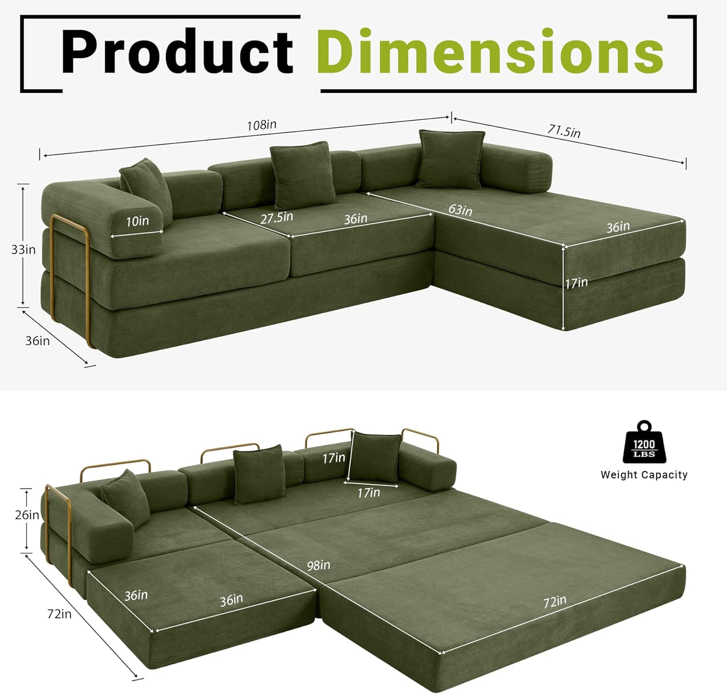 108" Oversized Convertible Sleeper Sofa Bed, Corduroy L Shape Sectional Couch, Folding Sofa Bed with Side Pocket, Modern Cloud Floor Mattress Couch, Modular Sofa for Living Room, Green