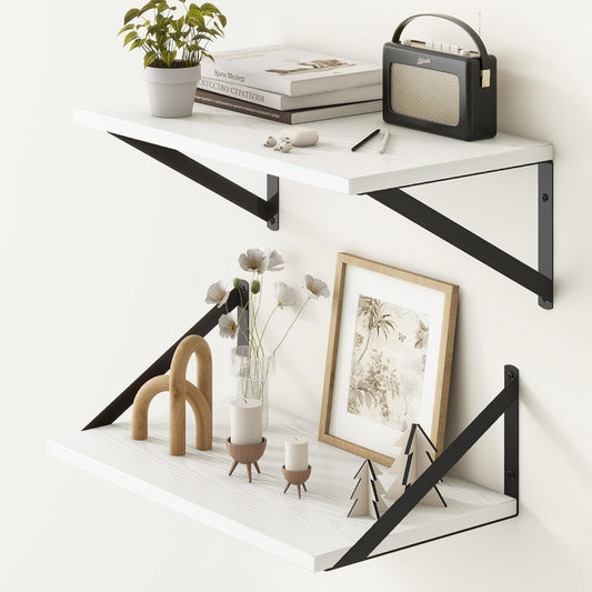 Fun Memories White Floating Shelves 18 Inch Long, Rustic Floating Shelf with Brackets, 10 Inch Deep Wall Shelves, White Bathroom Shelves, 18 x 10 Storage Shelf for Kitchen, Living Room, Set of 2