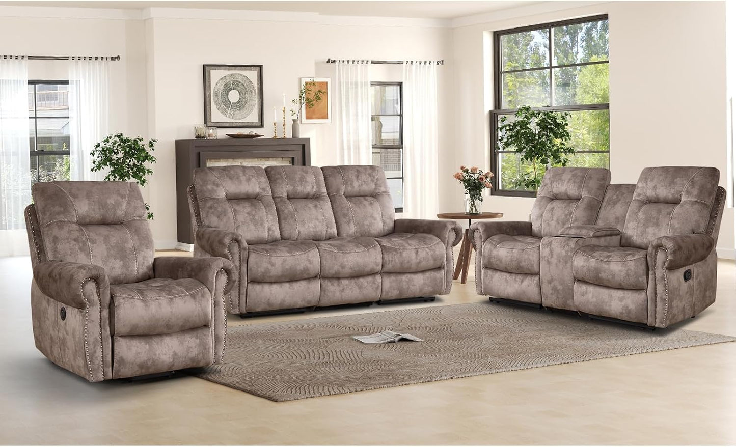 EBELLO Reclining Couch Sofa Furniture Set for Living Room,Vintage Rivet Mid-Century Design, Included 1 Seat Power Massage Recliner Chair, a Manual Loveseat, and a 3 Seater Manual Sofa, Brown