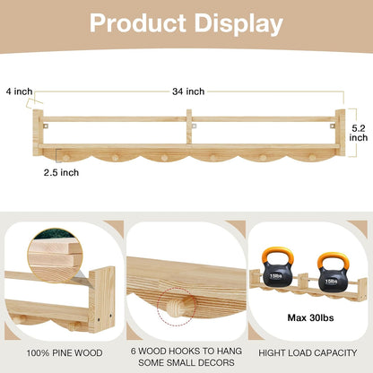 34Inch Nursery Bookshelves,Set of 4,Wall Floating Shelf Kids Coat Rack with 6Hooks,Hanging Book Shelf for Baby Nursery Room Décor， Patent Number: 29958098(Burlywood, 34)