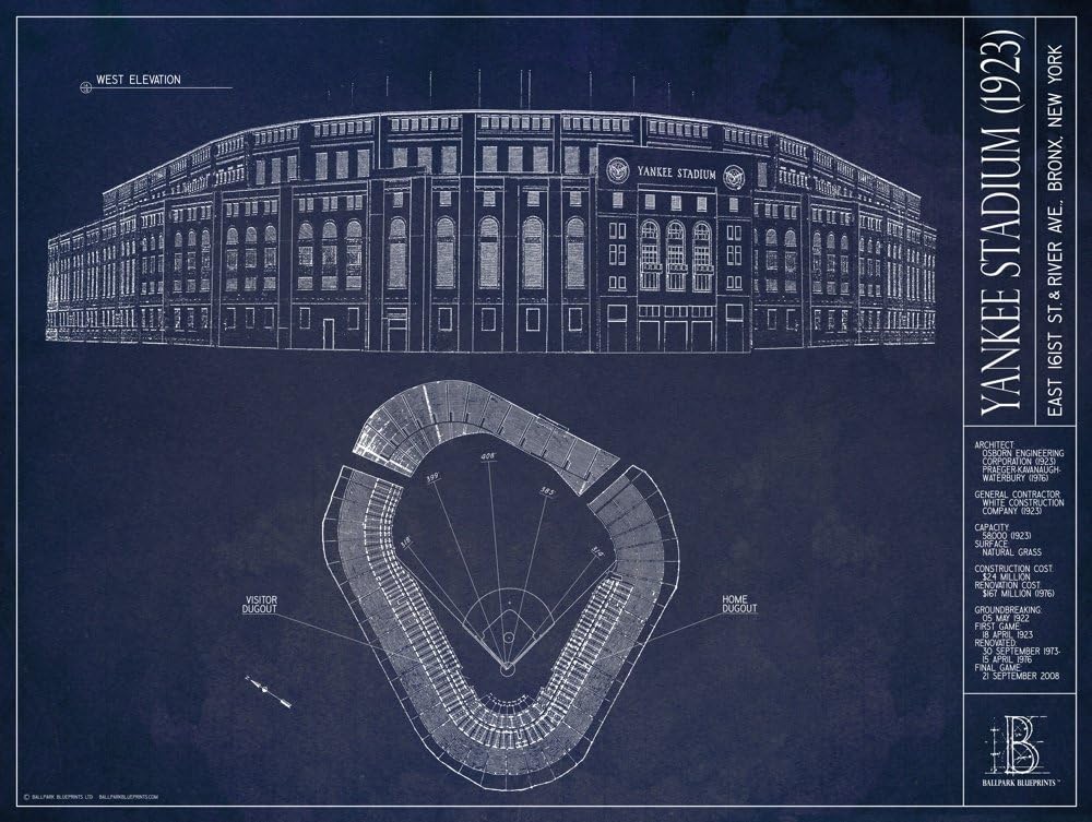 Old Yankee Stadium (1923) Blueprint Style Print