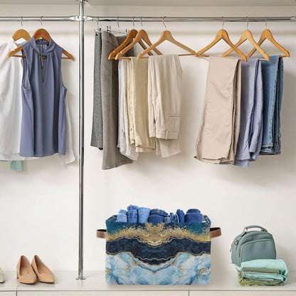 susiyo Storage Baskets for Shelves,Storage Bins for Organizing Shelf Nursery Toys, Decorative Linen Fabric Bins Cube with PU Handles 1 Pack，Blue Marble