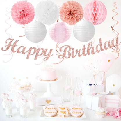 Pink White Rose-Gold Birthday Party-Decorations - 21pcs Happy Banner, Paper Lanterns,Tissue Pom Poms Flower Fan,Honeycomb Ball,Swirl Streamers Garland Supplies Decor Girls Women Huglony