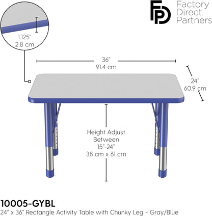 FDP Rectangle Activity School and Classroom Kids Table (24 x 36 inch), Chunky Toddler Leg, Adjustable Height 15-24 inches - Gray Top and Blue Edge