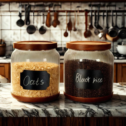 SAIOOL 2-Pack Striped Borosilicate Glass Airtight Canisters - Big mouth Large Capacity, Acacia Wood Lid, Food Storage Jars for Flour, Pasta, Pantry Organization (1/2 Gallon （Striped 2 pack）)