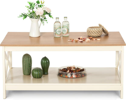 ALPHA HOME Coffee Table with Storage, Farmhouse Coffee Tables for Living Room 2-Tier Modern Coffee Table, Ivory