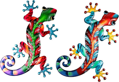Set of 2 Large Metal Gecko Wall Decor, Outdoor Lizard Wall Art Upgrade Handmade Hanging Sculpture Decoration for Indoor Outdoor Home Garden Yard Fence Patio (2PC Large Gecko)