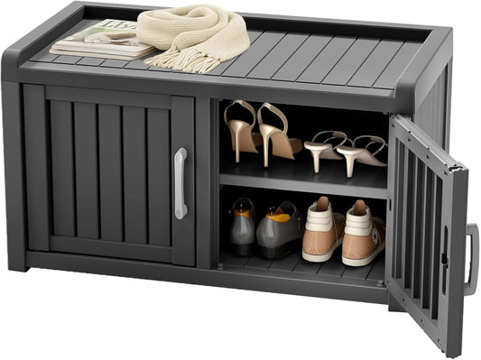 ROJIK Shoe Cabinet Waterproof UV-Resistant,Storage Bench Indoor Outdoor with Adjustable Shelves,for Entryway Bedroom,Hallway,Living Room(Double Door,Black)