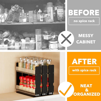 SpaceAid Bamboo Pull Out Spice Rack Organizer for Cabinet, Heavy Duty Slide Out Seasoning Kitchen Pantry Sliding Vertical Organization, 7.6" Wide, 3 Drawers(2" Wide), 2-Tier, Black