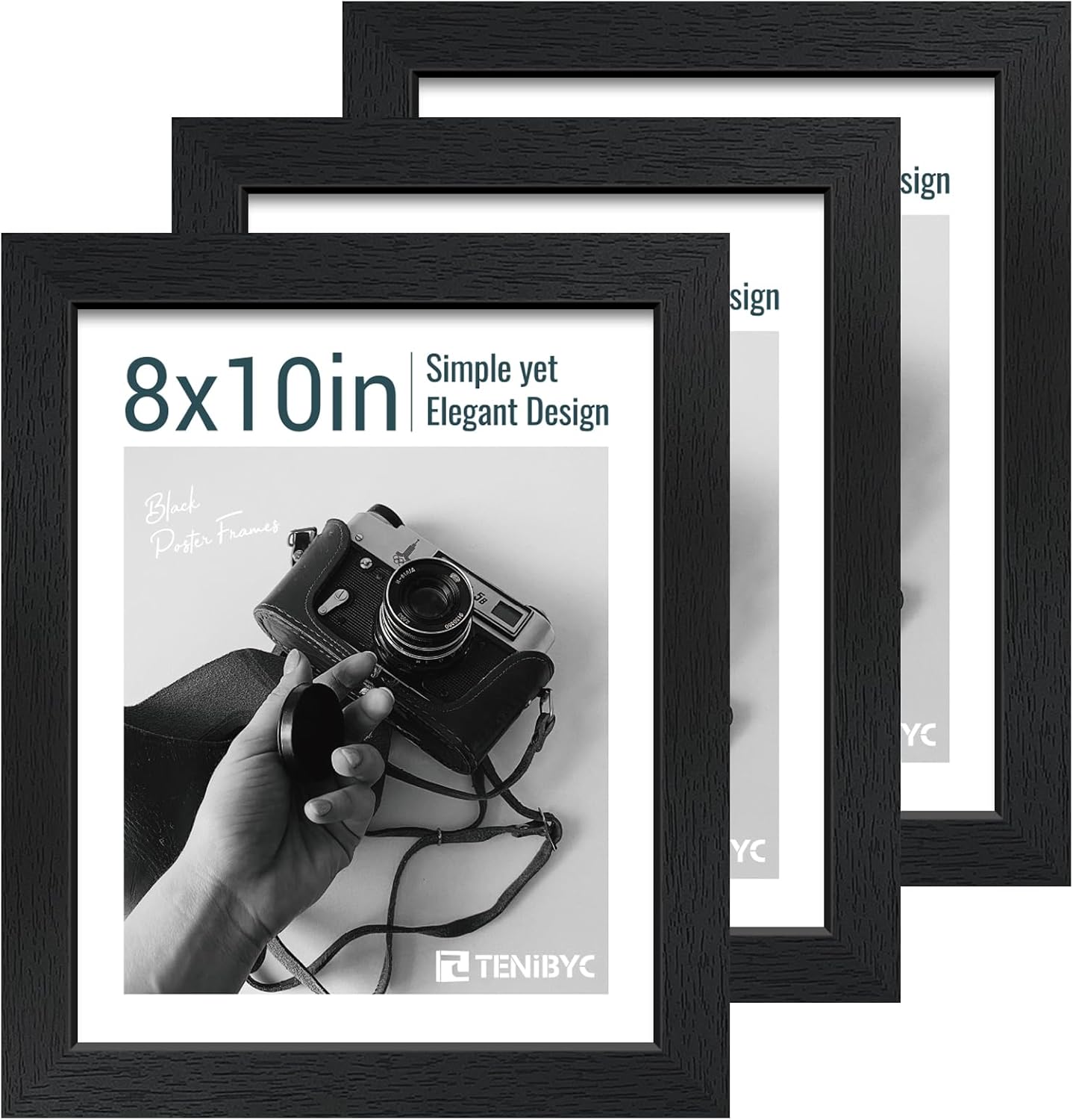 8x10 Picture Frame Set - 3 Pack, Textured Black Solid Wood, HD Tempered Glass, Gallery Photo Frame, Table or Wall Display