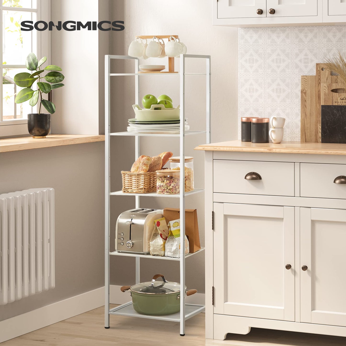 SONGMICS 5-Tier Storage Rack, Bathroom Shelf, Extendable Plant Stand with Adjustable Shelf, for