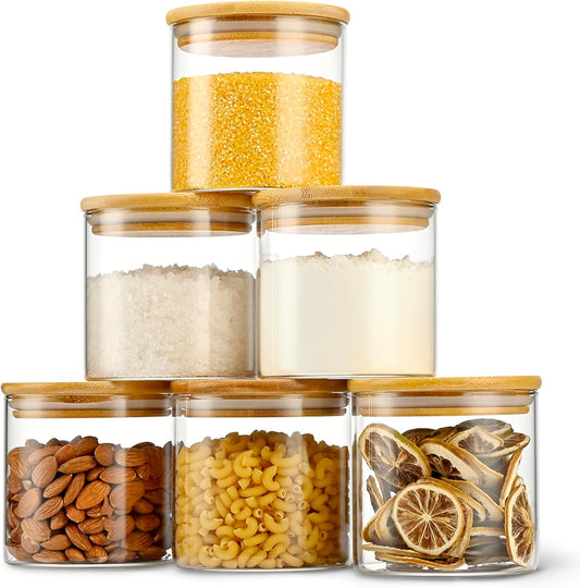 22oz Straight cylindrical Airtight Storage Jars with Bamboo Lid Set of 6 Storage Container Stackable Spice Jar, Kitchen Canister for Sugar, Tea, Cookies and Coffee beans (with Black Lable)