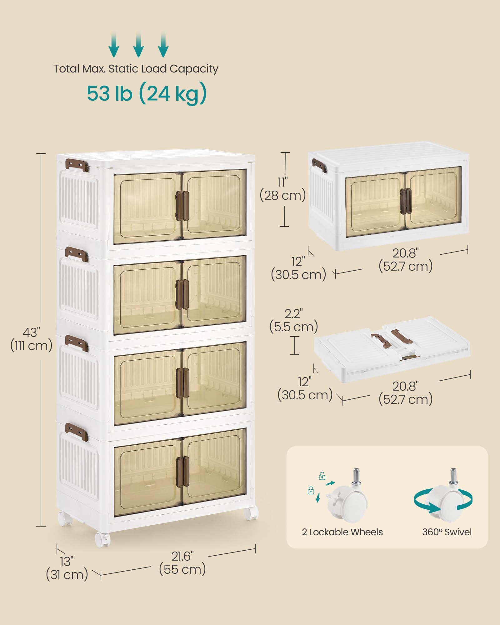 SONGMICS 48QT stackable storage bins with 1 Lid, 4-Tier Foldable Bins